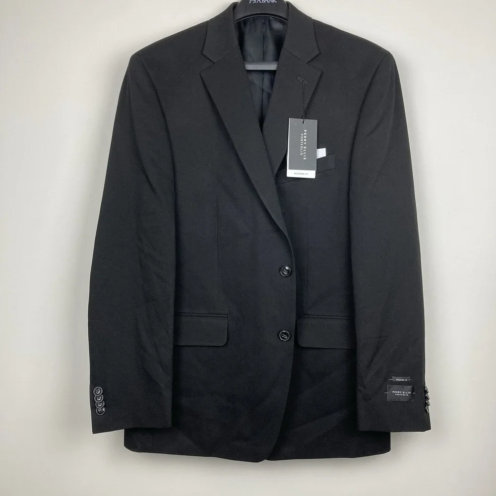 Perry Ellis Portfolio Mens Black Modern Fit Stretch Sport Coat Blazer Jacket 44R